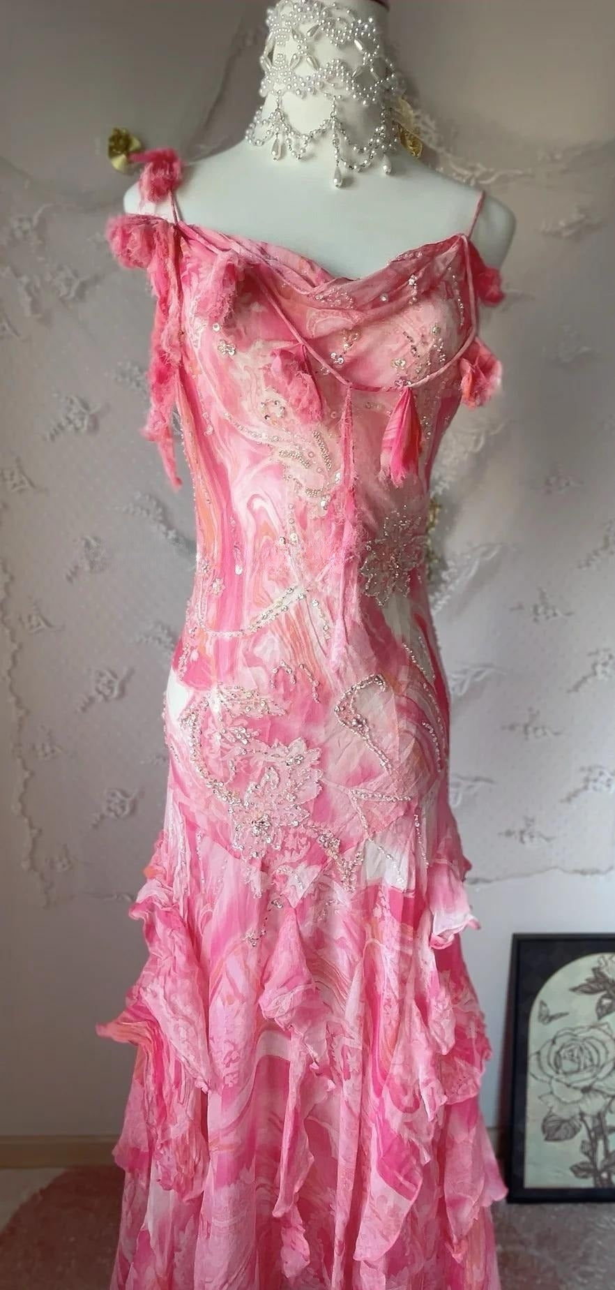 Sweet Pink Spaghetti Strap Sheath Vintage Chiffon Sequined Ball Dress Birthday Party Dress ED01886