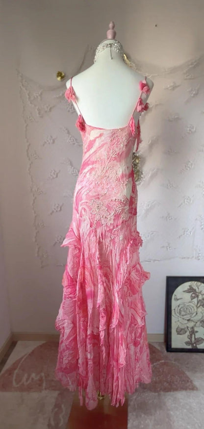 Sweet Pink Spaghetti Strap Sheath Vintage Chiffon Sequined Ball Dress Birthday Party Dress ED01886