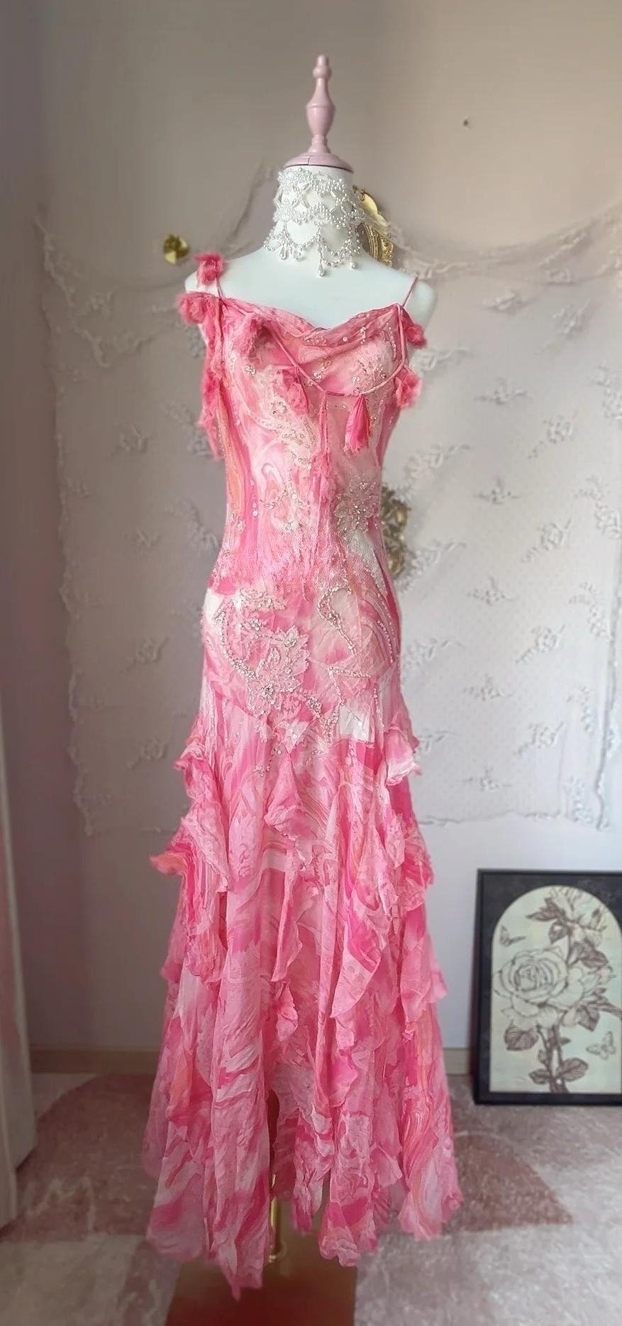 Sweet Pink Spaghetti Strap Sheath Vintage Chiffon Sequined Ball Dress Birthday Party Dress ED01886