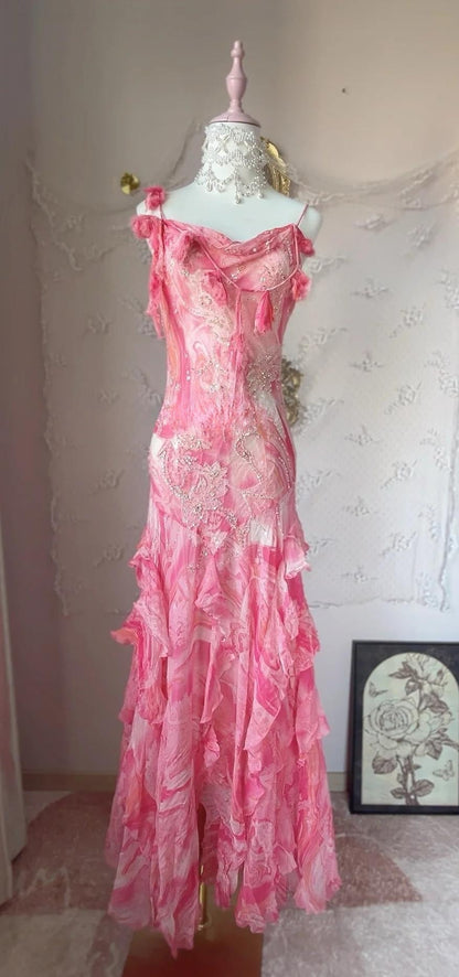 Sweet Pink Spaghetti Strap Sheath Vintage Chiffon Sequined Ball Dress Birthday Party Dress ED01886