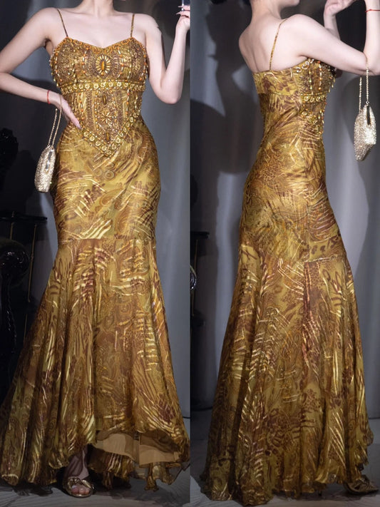Golden Elegant Beaded Silk Mermaid Long Prom Dress Gorgeous Spaghetti Strap Evening Gown ED01890