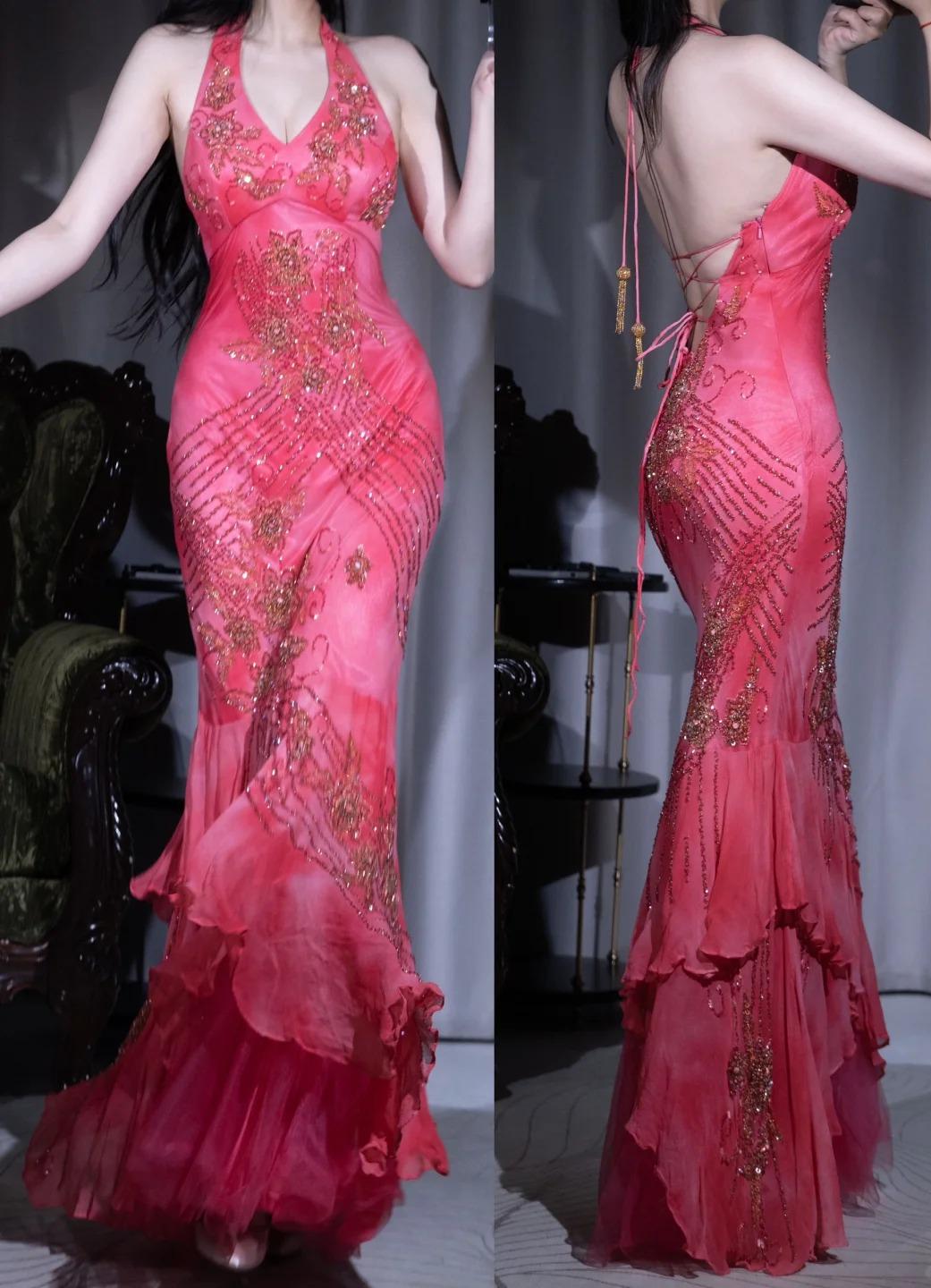 Gorgeous Hot Pink Halter Mermaid Long Prom Dress Vintage Beaded Backless Evening Gown ED01892
