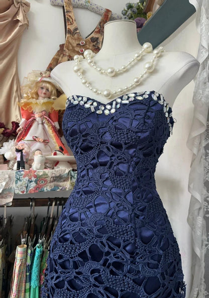 Elegant Navy Mermaid Strapless Prom Dress Backless Chiffon Birthday Evening Dress ED01893