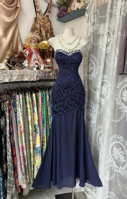 Elegant Navy Mermaid Strapless Prom Dress Backless Chiffon Birthday Evening Dress ED01893