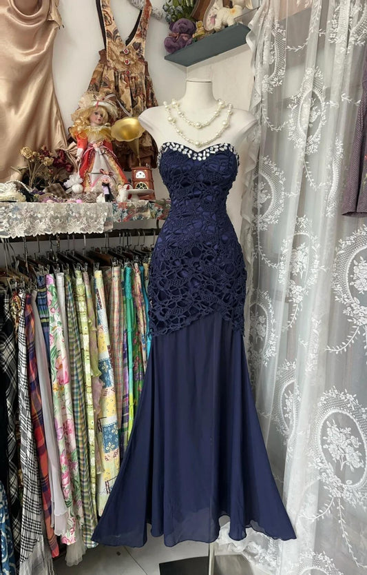 Elegant Navy Mermaid Strapless Prom Dress Backless Chiffon Birthday Evening Dress ED01893