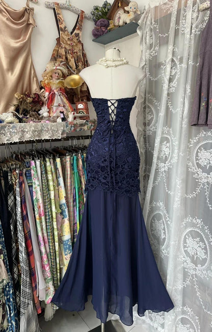 Elegant Navy Mermaid Strapless Prom Dress Backless Chiffon Birthday Evening Dress ED01893