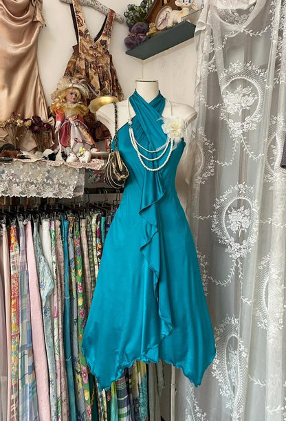 Turquoise A-line Halter Satin Prom Dress Sexy Sleeveless Party Dress ED01894