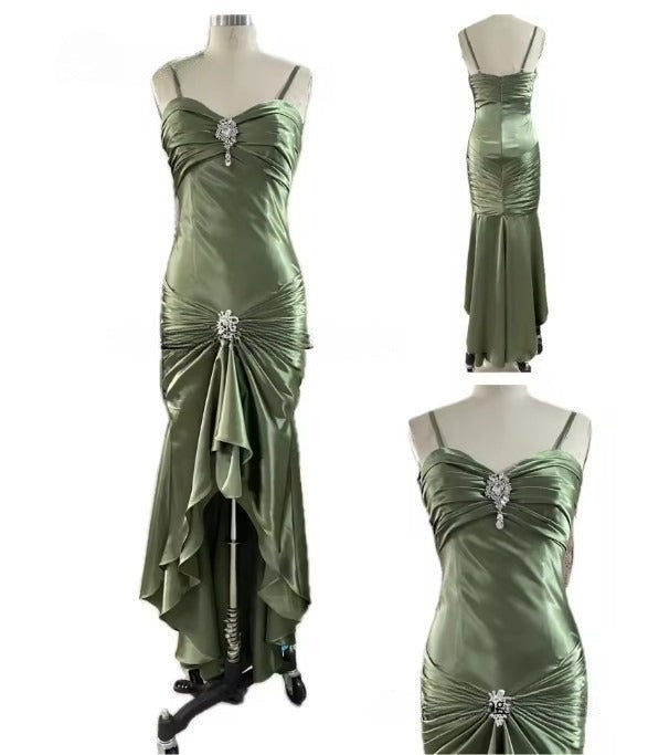 Dark Green Elegant Spaghetti Strap Mermaid Satin Prom Dress Gorgeous Evening Dress ED01896