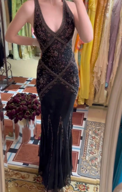 Vintage Black Beaded Halter Neck Mermaid Chiffon Prom Dress for Party Enchanted Backless Sleeveless Evening Gown ED01897