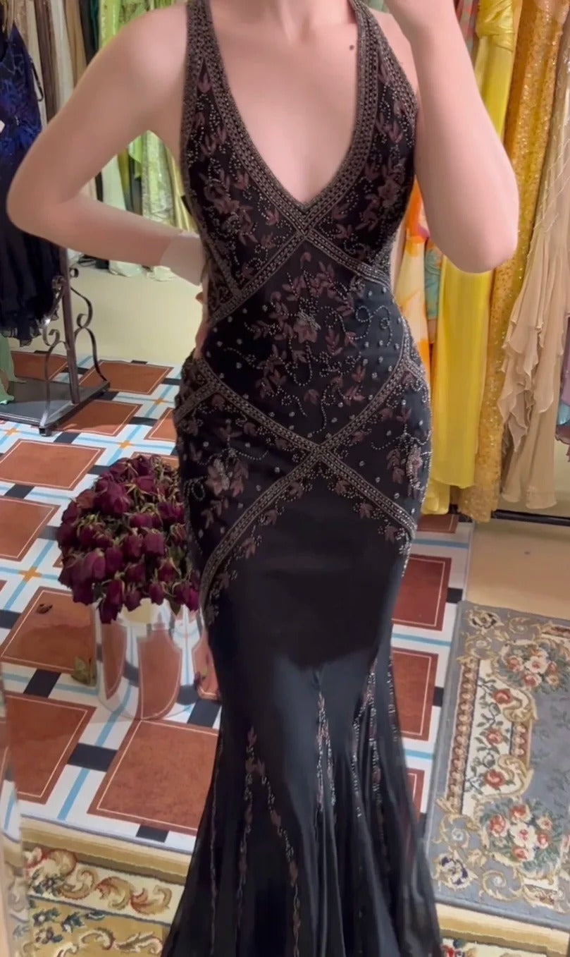 Vintage Black Beaded Halter Neck Mermaid Chiffon Prom Dress for Party Enchanted Backless Sleeveless Evening Gown ED01897
