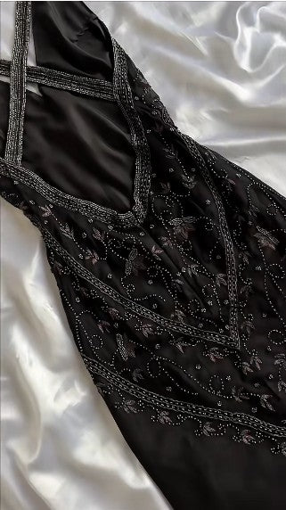 Vintage Black Beaded Halter Neck Mermaid Chiffon Prom Dress for Party Enchanted Backless Sleeveless Evening Gown ED01897