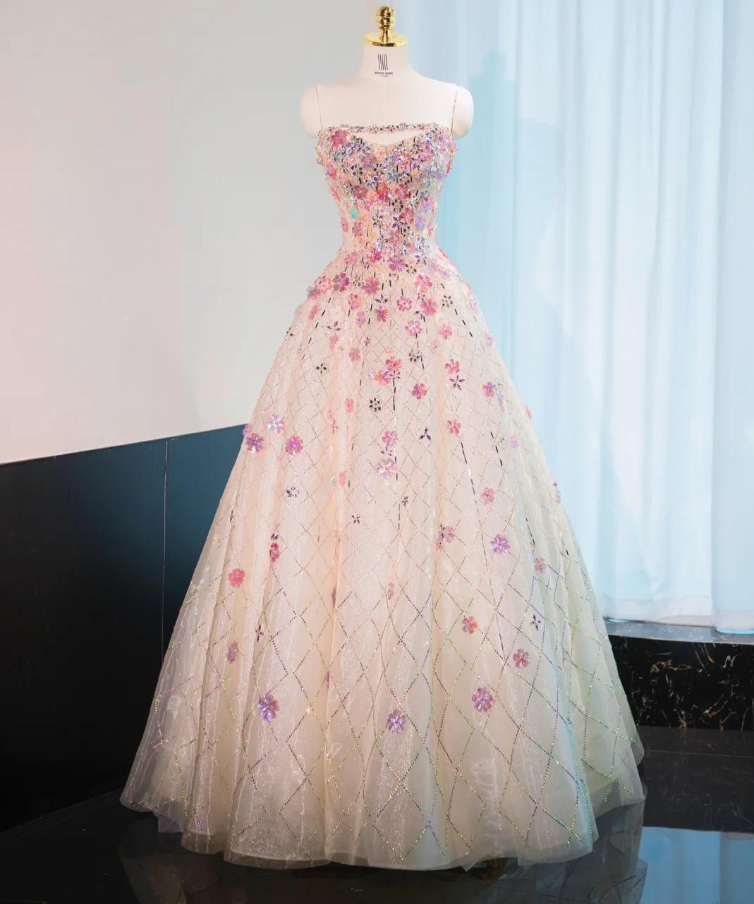 Beautiful Pink Beaded Flowers A-Line Strapless Long Prom Dress Gorgeous Formal Evening Dress ED01899