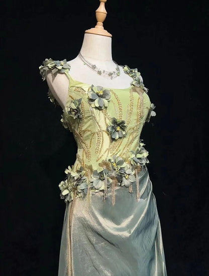 Vintage Olive Green Spaghetti Straps Sheath Beaded Prom Dress Gorgeous 3D Flowers Formal Evening Dress ED01901