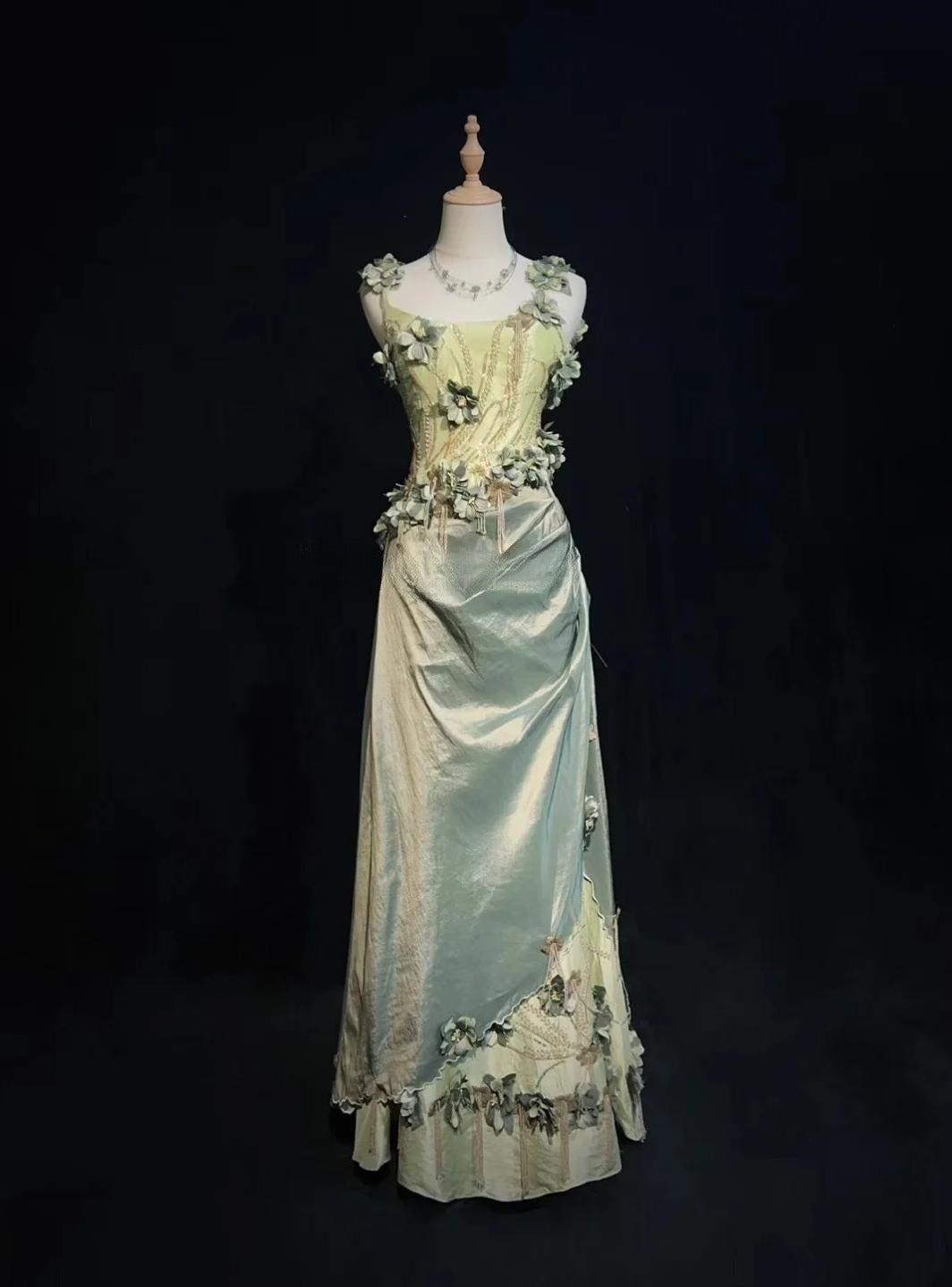 Vintage Olive Green Spaghetti Straps Sheath Beaded Prom Dress Gorgeous 3D Flowers Formal Evening Dress ED01901