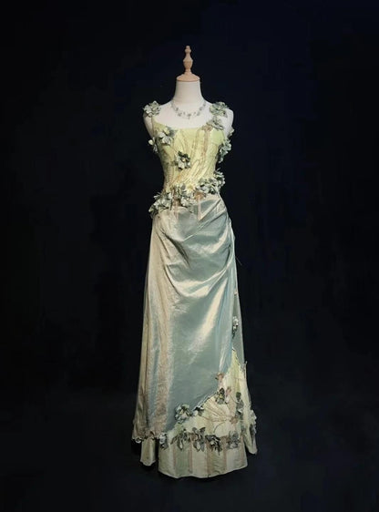 Vintage Olive Green Spaghetti Straps Sheath Beaded Prom Dress Gorgeous 3D Flowers Formal Evening Dress ED01901