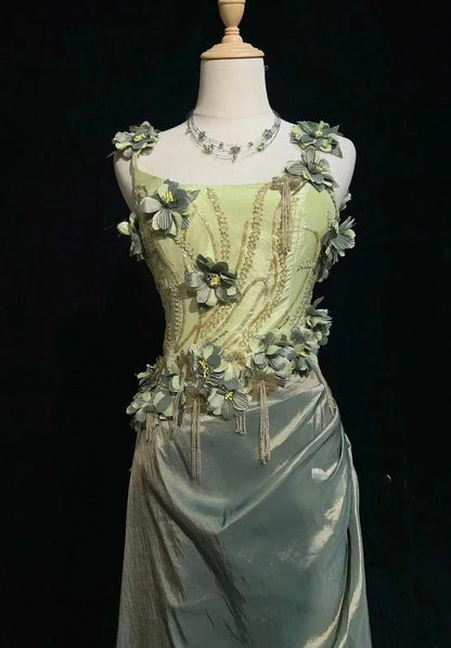 Vintage Olive Green Spaghetti Straps Sheath Beaded Prom Dress Gorgeous 3D Flowers Formal Evening Dress ED01901