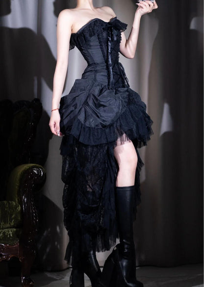 Black Personality Lace A-Line Strapless Prom Dress Birthday DressED01902