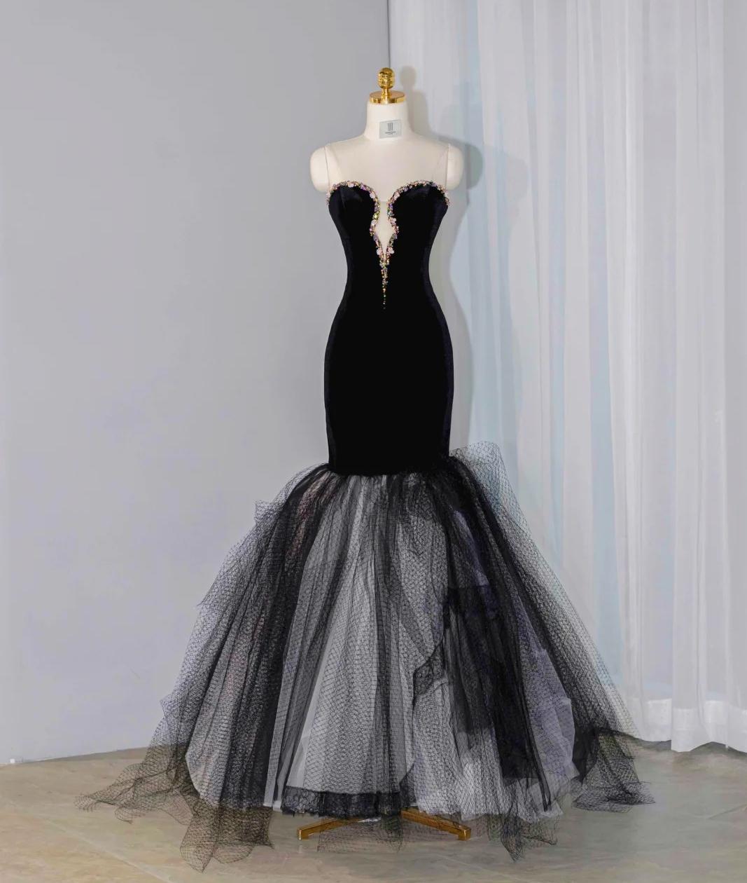 Elegant Black Velvet Mermaid Strapless Beaded Long Prom Dress Tulle Formal Evening Dress ED01908