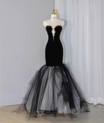 Elegant Black Velvet Mermaid Strapless Beaded Long Prom Dress Tulle Formal Evening Dress ED01908