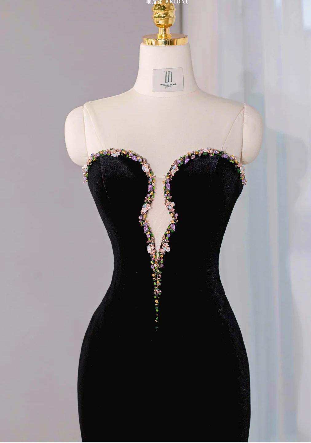 Elegant Black Velvet Mermaid Strapless Beaded Long Prom Dress Tulle Formal Evening Dress ED01908