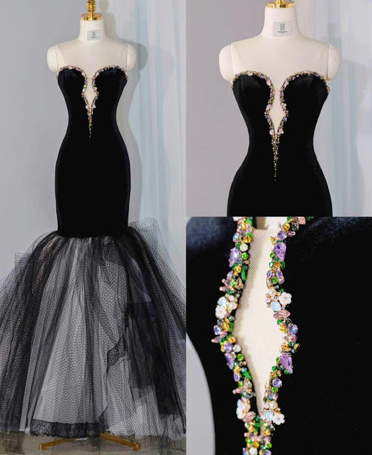 Elegant Black Velvet Mermaid Strapless Beaded Long Prom Dress Tulle Formal Evening Dress ED01908