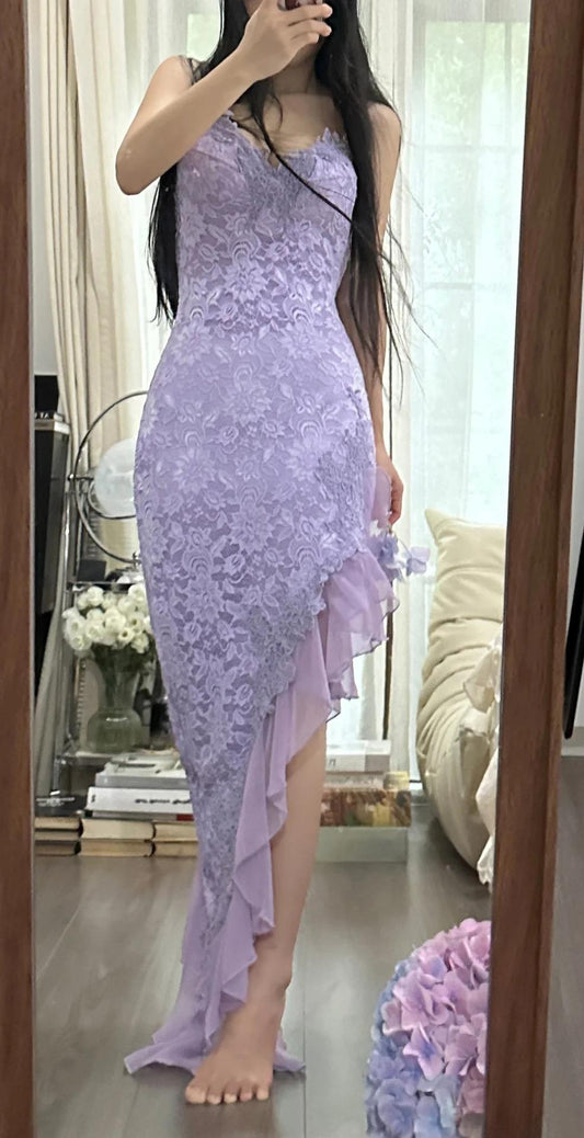 Vintage Purple Sheath Spaghetti Strap Chiffon Applique Prom Dress Gorgeous Party Dress ED01909