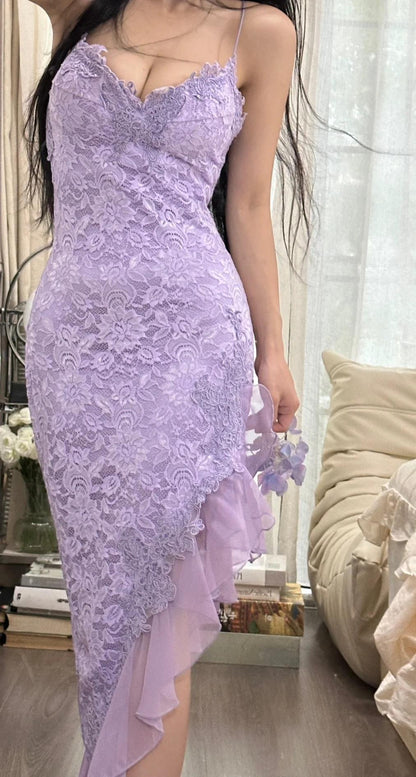 Vintage Purple Sheath Spaghetti Strap Chiffon Applique Prom Dress Gorgeous Party Dress ED01909