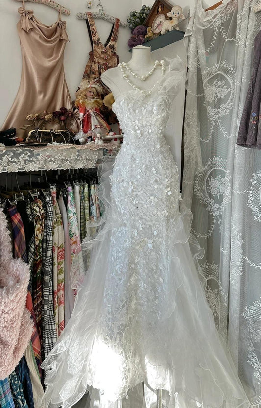 White Gentle Water Gloss Mermaid Sequin Applique Long Prom Dress Gorgeous One Shoulder Wedding Evening Dress ED01910