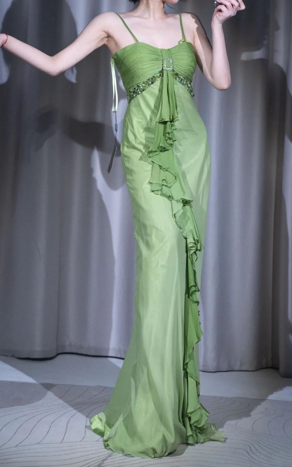 🌟 Vintage-Inspired Green Evening Mermaid Gown – Gentle Flowy Chiffon Ruffled & Beading Prom Dress for Birthday, Party** ED01916