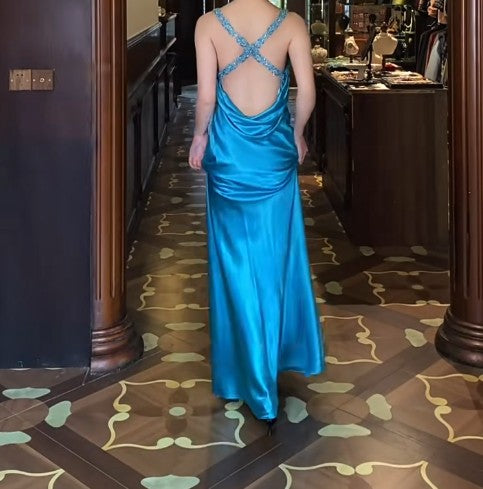 Vintage Royal Blue Backless Satin Prom Dress - Backless Sexy Empire Dress - Glitter Beaded Evening Dress for Quinceanera&Birthday  ED01920