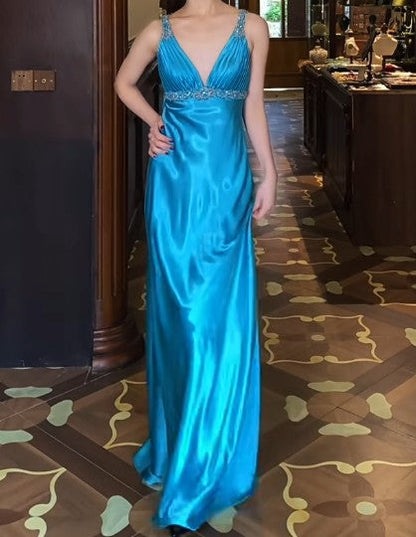 Vintage Royal Blue Backless Satin Prom Dress - Backless Sexy Empire Dress - Glitter Beaded Evening Dress for Quinceanera&Birthday  ED01920