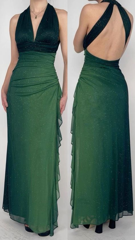 Elegant Green V-neck Sheath Glitter Chiffon Ball Dress Retro Backless Party Dress  ED01921