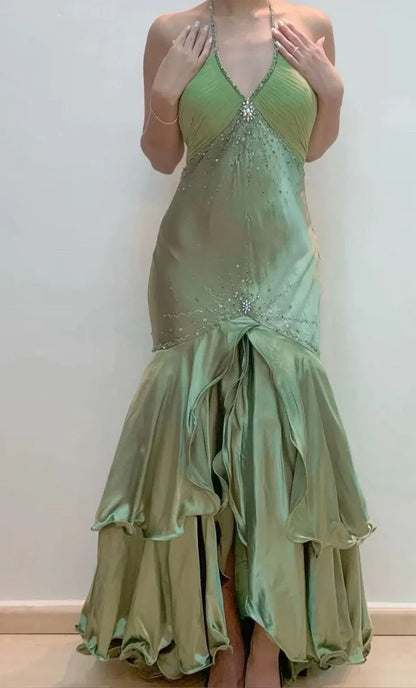 Gorgeous Green V-Neck Beaded Satin Mermaid Backless Evening Gown  ED01922