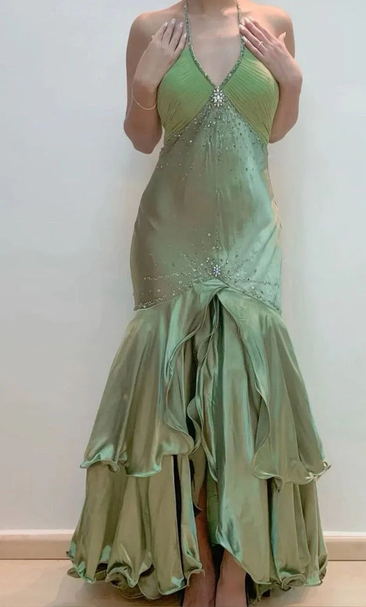 Gorgeous Green V-Neck Beaded Satin Mermaid Backless Evening Gown  ED01922