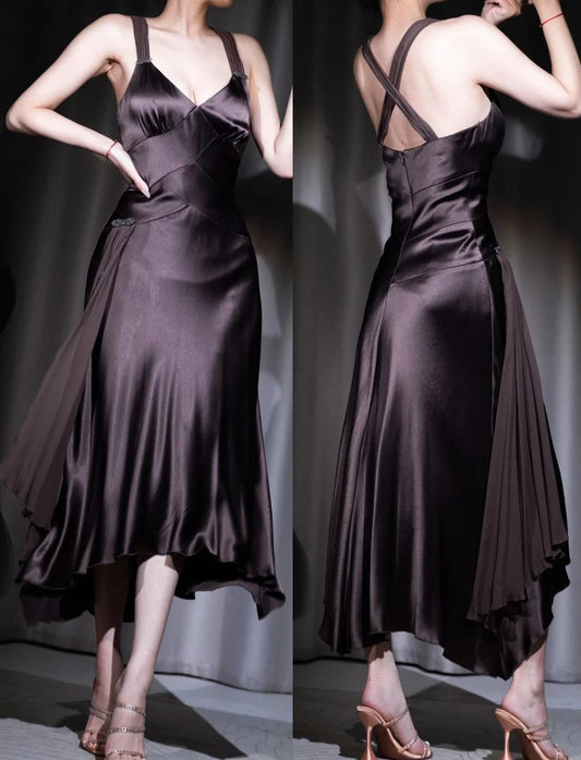 Retro Chocolate V-Neck Satin A-Line Prom Dress Elegant Party Dress  ED01924