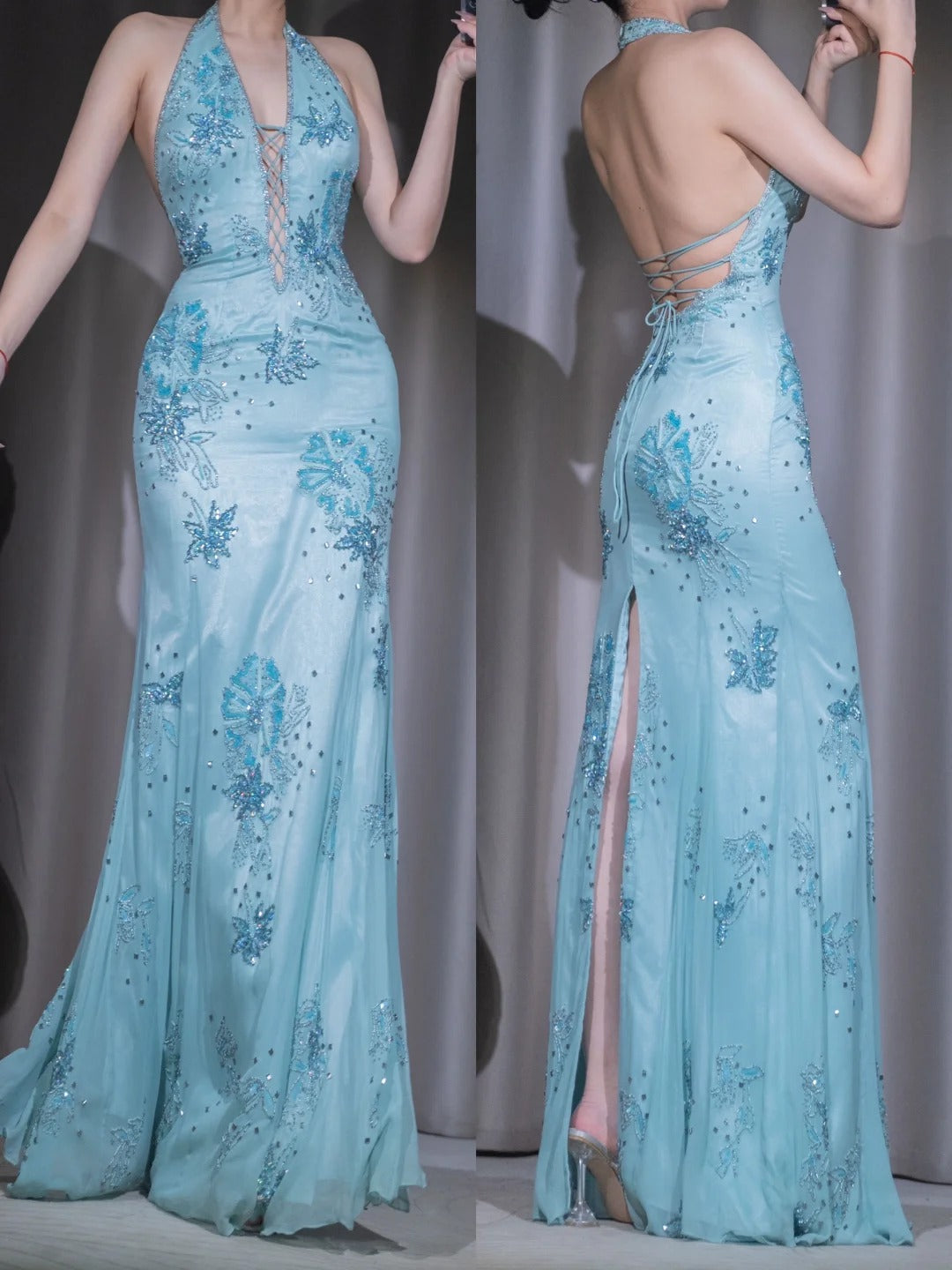 Vintage Blue V-neck Chiffon Mermaid Gown - Glitter Beading & Sequined Backless Evening Dress ED01928
