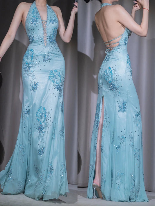 Vintage Blue V-neck Chiffon Mermaid Gown - Glitter Beading & Sequined Backless Evening Dress ED01928
