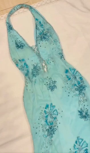 Vintage Blue V-neck Chiffon Mermaid Gown - Glitter Beading & Sequined Backless Evening Dress ED01928