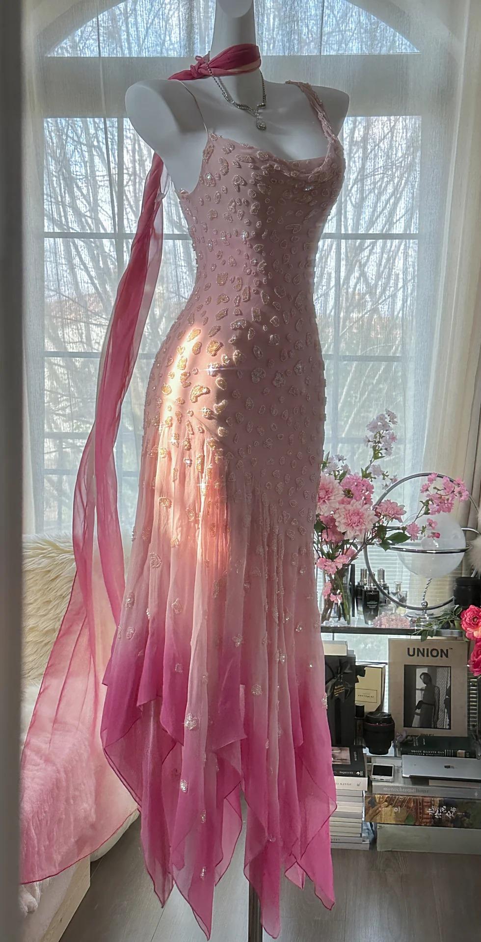 🌟 Cinderella Pink A-Line Evening Gown - Iridescent Beaded Tulle with Soft Chiffon Layers for Sweet 16 ED01933