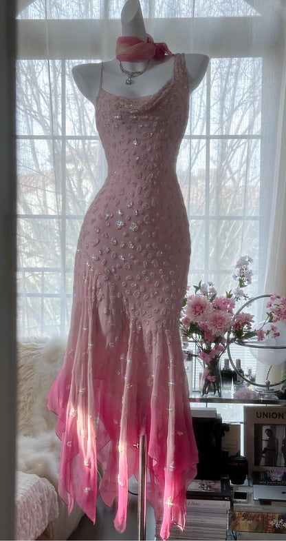 🌟 Cinderella Pink A-Line Evening Gown - Iridescent Beaded Tulle with Soft Chiffon Layers for Sweet 16 ED01933