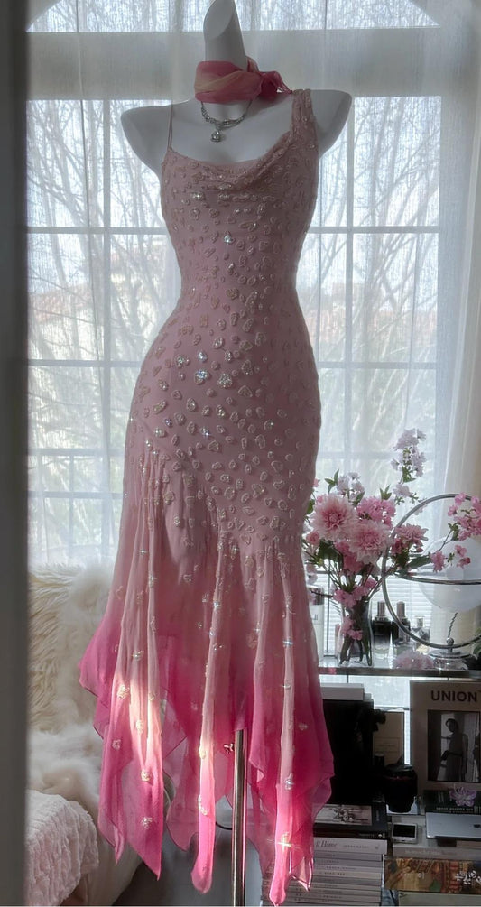 🌟 Cinderella Pink A-Line Evening Gown - Iridescent Beaded Tulle with Soft Chiffon Layers for Sweet 16 ED01933