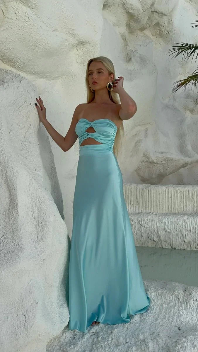 Strapless Sheath Tiffany Blue Prom Dresses Satin Formal Dresses  ED01934