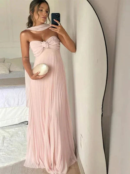Strapless A Line Pink Long Prom Dress Pleated Formal Party GownED01935