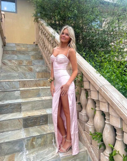 Pink Sweetheart Straps Sheath Satin Long Prom Dress Simple Evening Party Dress Formal Dress With Slit ED01936