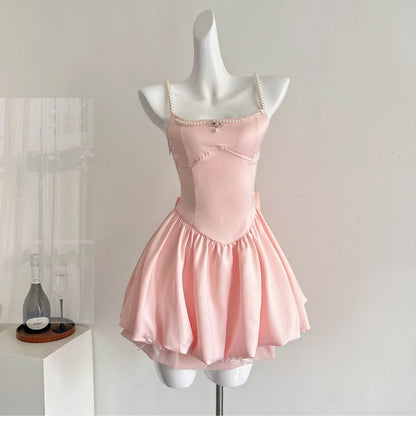 Fairytale🩷 Spring Pool Party Dress Pink Satin A-Line Short Prom Dress for Birthday &Homecoming  ED01937