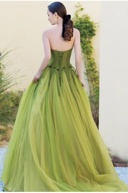 Green 💚Fairytale Tulle Ball Dress for Wedding & Birthday - Strapless A-line Evening Dress ED01939