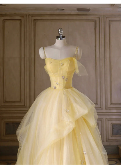 Sweet Yellow Princess Tulle Prom Dress 💛A-Line Shinny Beaded Evening Gown for Graduation & Quinceanera & Birthday ED01940