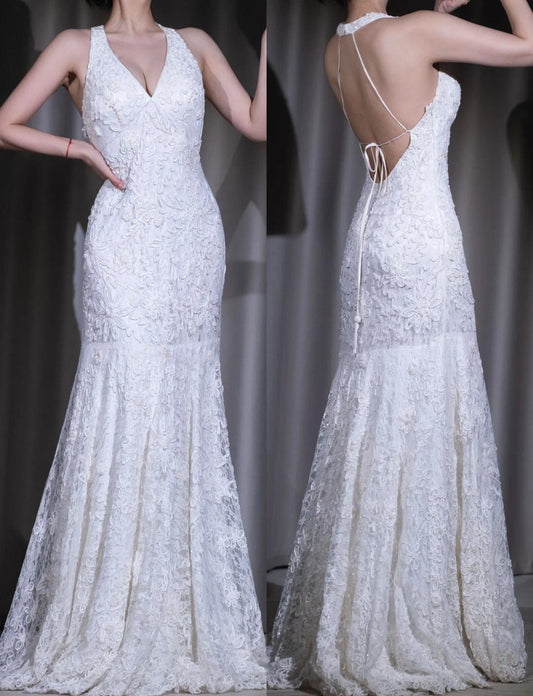 Retro V-neck Lace Mermaid Applique Prom Dress for Party White Elegant Backless Evening Dress ED1941