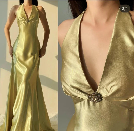 Elegant Yellow Mermaid  Satin Prom Dress for Party&Quinceanera Backless Halter Evening Gown ED01943