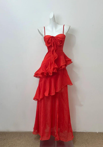 Glam Red A-line  Spaghetti Straps Layed Chiffon Prom Dress for Birthday Sweet Evening Gown  ED01946